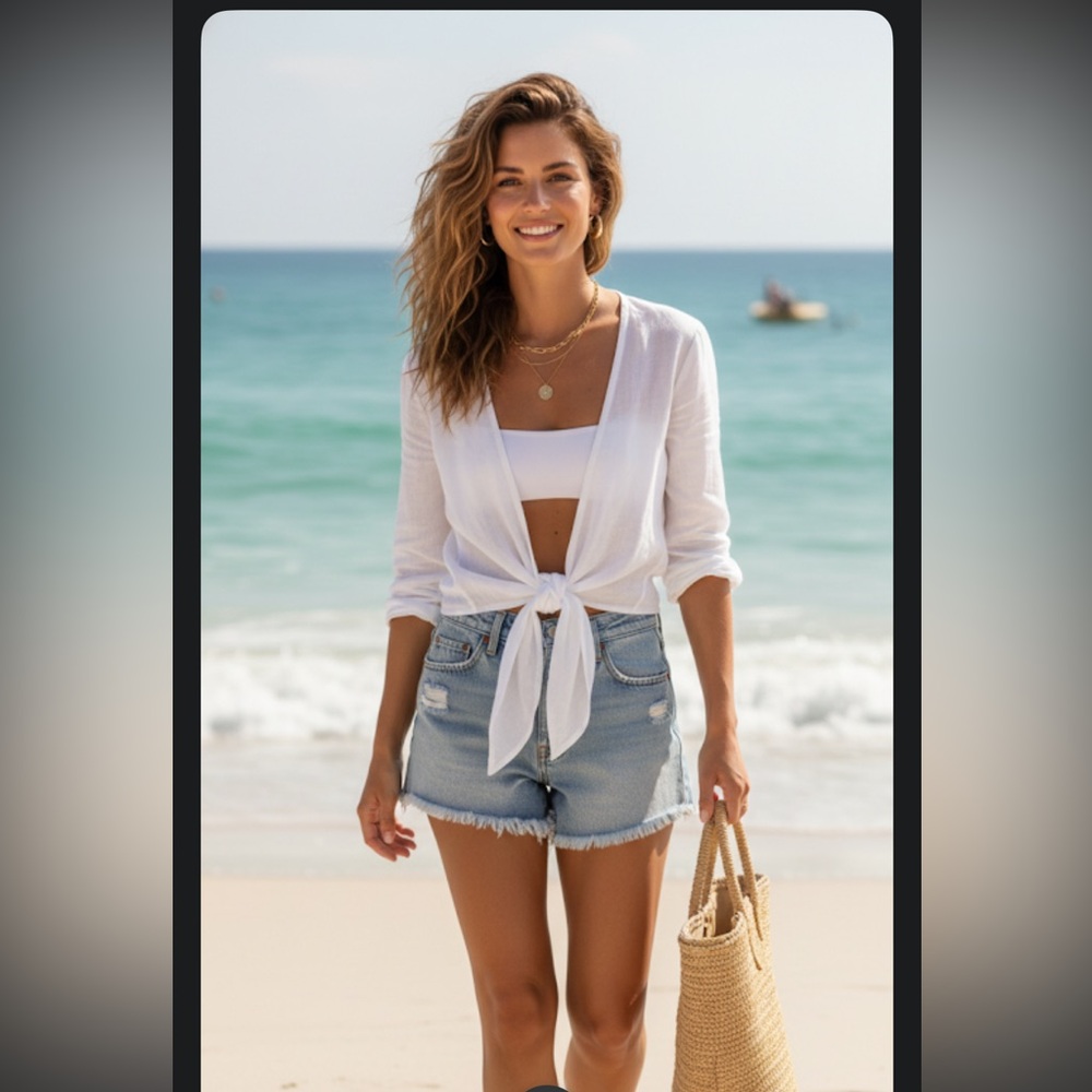 Zara White Tie-Front Blouse Linen